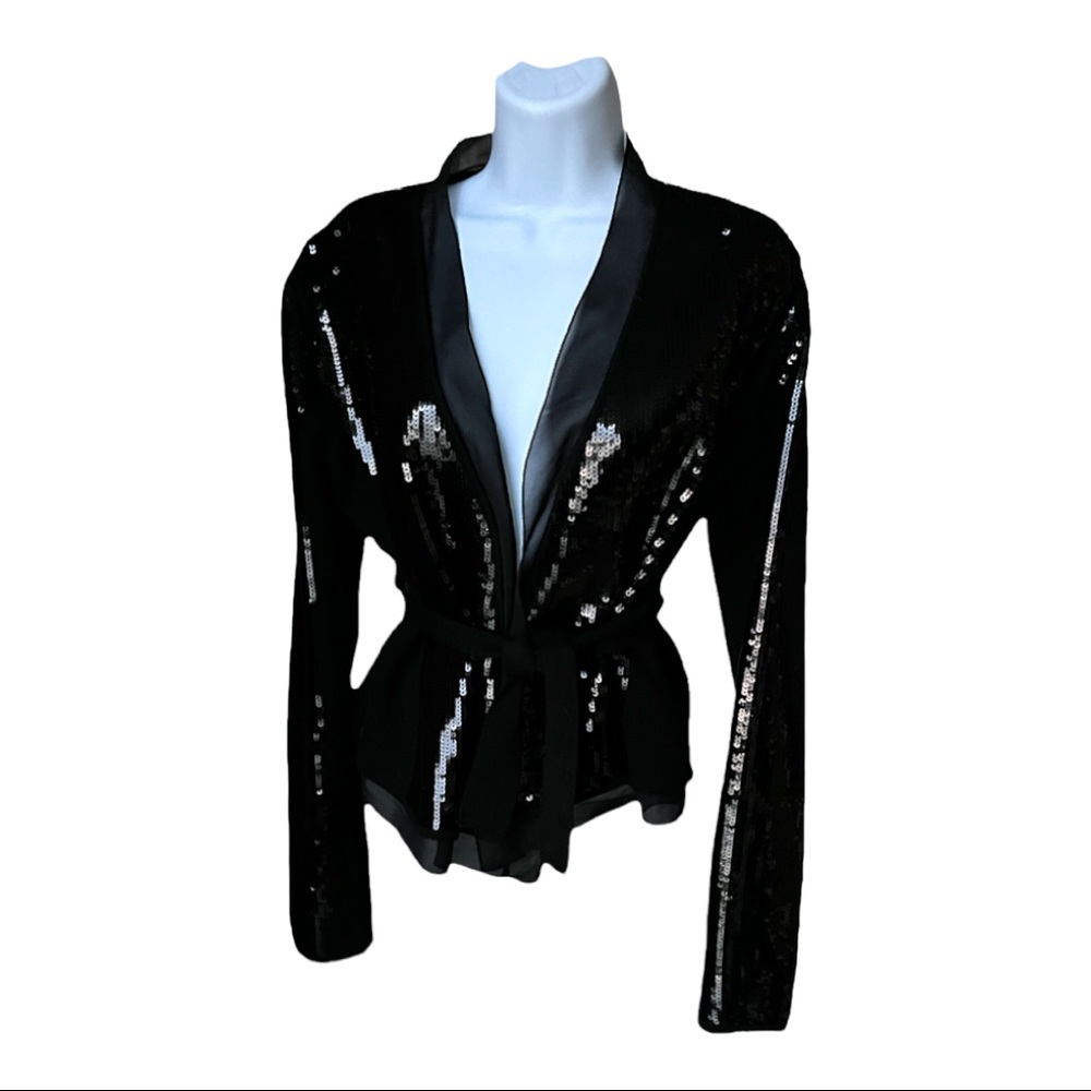 BCBG MAXAZRIA Sequin 100% Merlin Wool Wrap Cardigan Belted Size Medium